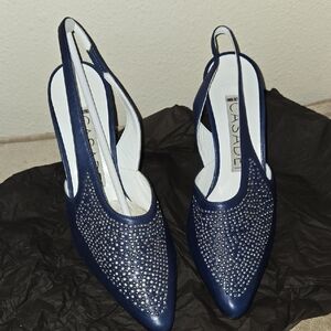 postmarked?Casadei Dark Blue Embellished Slingback Heels